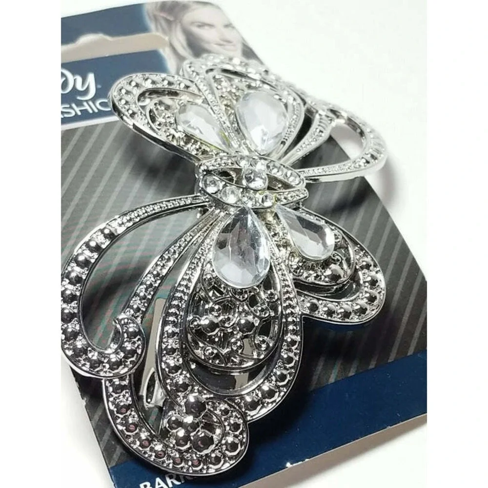 Goody Hair Barrette Fashionow Metal Butterfly Clip Faux Diamonds Gems Silver